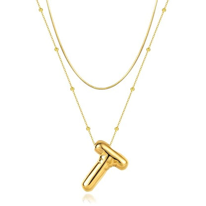 LUCA SMITH 2-Piece Initial Necklaces for Women, Dainty Balloon Bubble A-Z Letter Necklace Set, Name Letter Alphabet Pendant Layered Choker Necklaces Personalized Jewelry Gift - color: Gold bubble letter necklace, style: Initial Set-T