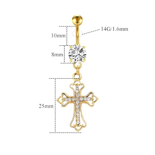 VERAMI 14G 316L Celtic Cross Belly Button Ring Surgical Steel Paved Gems Dangling Belly Button Ring Body Piercing Jewelry - color: Gold:C-5