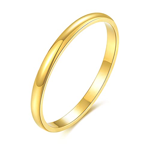 KAZITSAN 2mm 4mm 6mm Stainless Steel Rings for Women Men High Polish Plain Dome Silver/Gold/Rose Gold Wedding Band Comfort Fit - color: 2mm-Gold