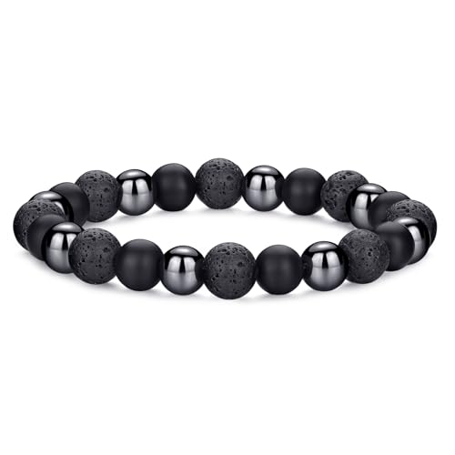 Mens Bead Bracelet Set - Adjustable Elastic Rope With 6&8MM Natural Stone Multi-Colored Beads - Tiger Eye Bracelets for Men - Gift - style: 1,3 Black beads
