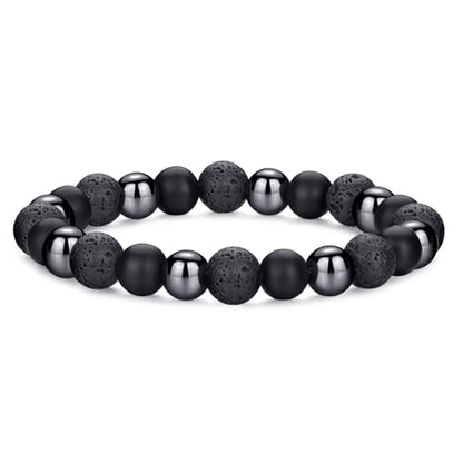 Mens Bead Bracelet Set - Adjustable Elastic Rope With 6&8MM Natural Stone Multi-Colored Beads - Tiger Eye Bracelets for Men - Gift - style: 1,3 Black beads
