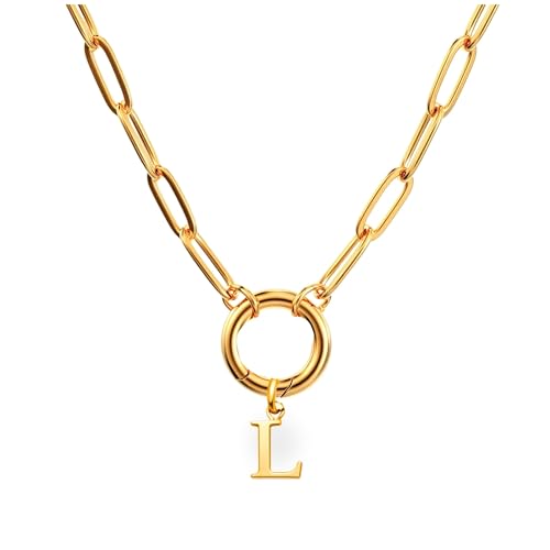 Paperclip Chain Carabiner Initial Charm Holder Necklace by Ginger Lyne | 18K Gold-Plated or Silver Tone Paperclip Chain with Carabiner Charm Holder, Adjustable 18-20 Inch, A-Z Initial Pendant - color: Gold-L