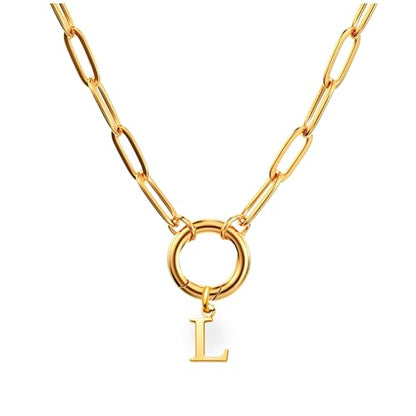 Paperclip Chain Carabiner Initial Charm Holder Necklace by Ginger Lyne | 18K Gold-Plated or Silver Tone Paperclip Chain with Carabiner Charm Holder, Adjustable 18-20 Inch, A-Z Initial Pendant - color: Gold-L