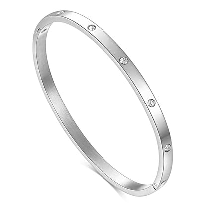 VQYSKO Love Friendship Bracelet Bangle Gold Rose Gold Silver with Cubic Zirconia Stones Stainless Steel Hinged Jewelry with Crystal Oval Bracelet Birthday Present for Her Women Teen Girls - style: 6.5Inch-4MM-Oval-Silver