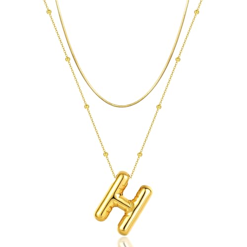 LUCA SMITH 2-Piece Initial Necklaces for Women, Dainty Balloon Bubble A-Z Letter Necklace Set, Name Letter Alphabet Pendant Layered Choker Necklaces Personalized Jewelry Gift - color: Gold bubble letter necklace, style: Initial Set-H