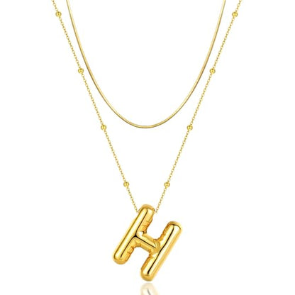 LUCA SMITH 2-Piece Initial Necklaces for Women, Dainty Balloon Bubble A-Z Letter Necklace Set, Name Letter Alphabet Pendant Layered Choker Necklaces Personalized Jewelry Gift - color: Gold bubble letter necklace, style: Initial Set-H