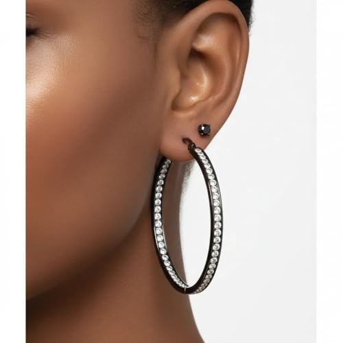 Stainless Steel Inside Out 40mm Hoop Earrings for Women – Sparkling CZ Crystal Hoops, Hypoallergenic, Lightweight, Modern Everyday Earrings – Silver, 18K Gold Plated, & Black Options - color: Black