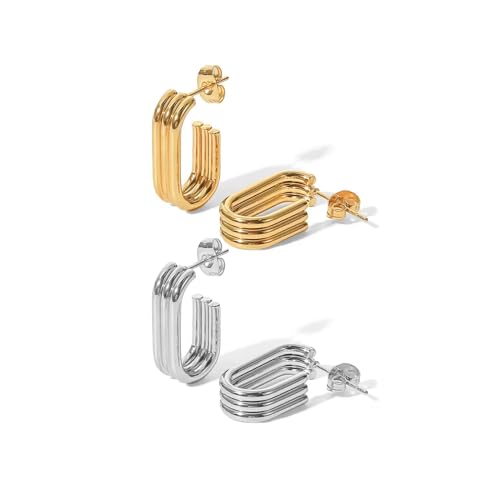 2 Pairs Gold/Silver Hoop Earrings For Women Set Trendy,14K Plated Gold Chunky Huggie Hoop Earings Pack,Oval Twisted Statement Silver Hoops,Fashion Jewelry Gift - color: 15) triple hoop