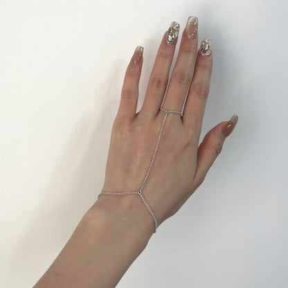 Kakikaki 925 Sterling Silver Finger Ring Bracelet Hand Chain for Women | Slave Bracelets 7" to 9" Adjustable - color: Silver, style: No Diamond