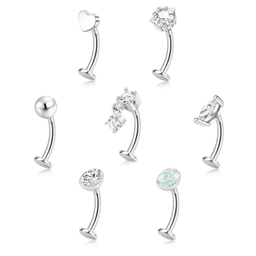ORAZIO 7 Pcs Belly Button Ring Surgical Steel Hypoallergenic Floating Belly Button Rings for Women Flat Back CZ Opal Internally Threaded Long Bar Navel Piercing Jewelry 14G Gold Silver Tone - color: Silver Tone, size: 10mm