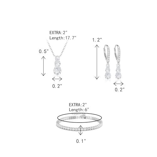 Crysdue Cubic Zirconia Jewelry Set for Women Bridesmaid, Classic Round Cut Drop Lightweight Lever Back Earrings Pendant Necklace Tennis Bracelet for Wedding Prom Party - style: 3pcs Silver