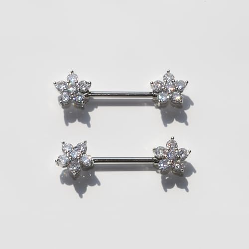 BSJ4U Nipple Piercing Jewelry 14G Stainless Steel Nipple Rings for Women Heart Butterfly Flower Bow Nipple Barbells - color: Silver CZ Nipple Piercing Jewelry