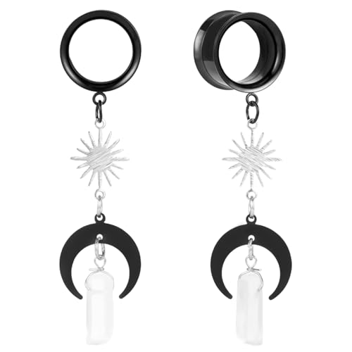 2PCS Moon-Pendant Natural Stone Stainless Steel Dangle Ear Plugs Tunnels Stretcher Piercing Body Jewelry - size: 19mm(3/4")