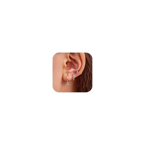 3 Pairs Mini Hoop Earrings Set Turquoise Cubic Zirconia Huggie Hoop Cartilage Earring Ear Cuff for Women (Turquoise/CZ) - color: *Turquoise-C