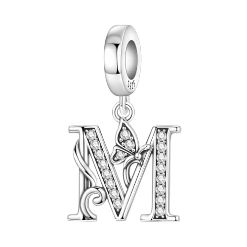 2 Pack 925 Sterling Silver Butterfly Letter Charms for Bracelets and Necklace Alphabet Initial Dangle Pendants Round Spacer Beads Pave Cubic Zirconia Jewelry Gift for Women - color: M Set