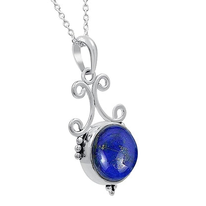 Natural Round Gemstone Pendant Necklace for Women, 925 Sterling Silver | Solitaire Birthstone Jewelry With 18 Inch Chain, Handmade Semi Precious Stone Pendant, Jewelry Gift for Mom, Wife & Sister - color: Lapis Lazuli