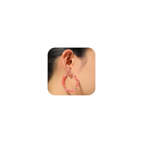Wellike Beaded Hoop Earrings for Women Natural Stone Pink Gold Huggie Earrings Hypoallergenic Dainty Waterproof Trendy Jewelry - color: Rose Pink, size: 50mm