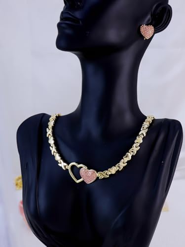 Women's Gold wedding Jewelry Set Tricolor Hugs Kisses Heart necklace set - color: 1 Heart Pink