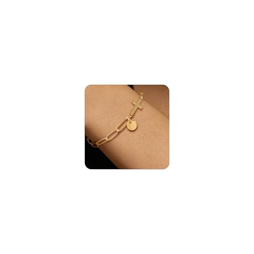 Gold Bracelets for Women,14K Gold-Plated Dainty A-Z Letter Cross Initial Bracelet for Women, Hypoallergenic Paperclip Chain Bracelets Fashion Accessories Religious Christian Gift - color: Q