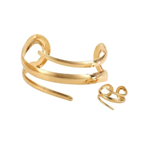 Chunky Gold Bangle Bracelet Ring Set for Women Chunky Wide Cuff Bracelets Trendy Geometric Open Statement Bracelet Ring Set Dainty Minimalist Jewelry - color: Gold
