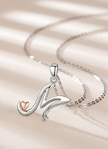CELESTIA 925 Sterling Silver Initial Necklaces 26 Letter with Rose Gold Heart - 18 Inch Chain - color: M-Initial