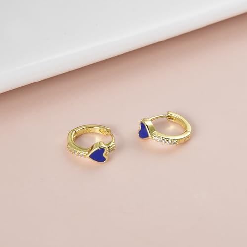 Enamel Heart Huggie Hoop Earrings with Cubic Zirconia Silver Small Hinged Hoops for Women - color: Heart Blue Enamel