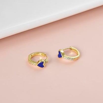 Enamel Heart Huggie Hoop Earrings with Cubic Zirconia Silver Small Hinged Hoops for Women - color: Heart Blue Enamel
