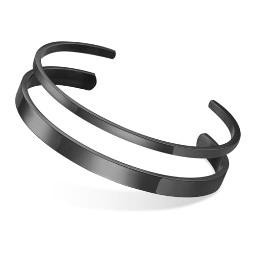 Stainless Steel Mens Cuff Bracelet : Minimal Cool Silver/Black/Gold Plated Open Metal Cuff Bangle Bracelets for Men,Mens Bracelet Jewelry Gift - color: Black-2-Pack, size: Medium( fit 5.5"-7.2" wrist)