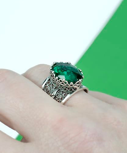 Filigranist 925 Sterling Silver Filigree Art Lace Embroidery Tulip Detailed Gemstone Women Cocktail Ring, Luxurious Gift Boxed - color: Emerald