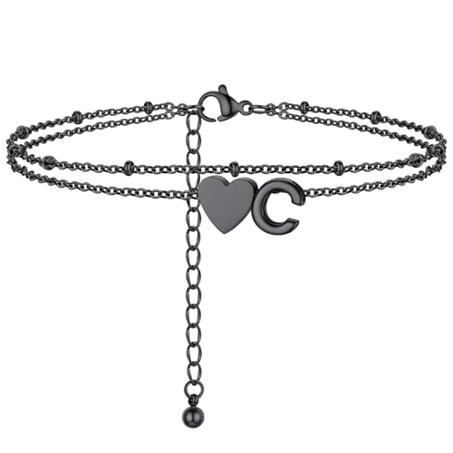 Initial Ankle Bracelets for Women, Dainty Stainless Steel Letter A-Z Layered Anklets, Heart Ankle Bracelet 8.5"-10.5" Adjustable, Summer Beach Jewelry, Come with Box - color: Black, size: C