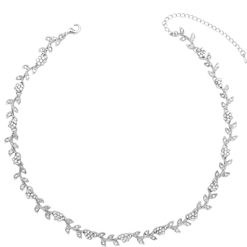 Austrian Crystal Rhinestone Choker Necklace Elegant Flower Leaf Chain Necklace Jewelry for Party Prom Costume Accessories for Women - color: White-Platinum Plated