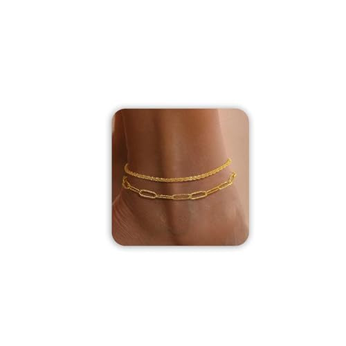 Freekiss Sparkle Glitter Waterproof Ankle Bracelets for Women Trendy | Dainty Layered Anklet for Women Adjustable Womens Anklet Set Stackable Beaded Cuban Link Anklets Beach Jewelry for Women - color: 2 Layered Anklet Paperclip-GD