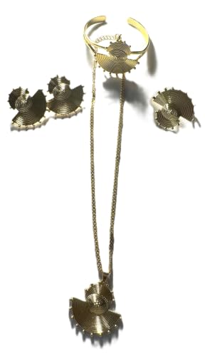 Gold-Plated Baoule Style Half Moon Jewelry Set, Necklace, Earrings, Ring and Bracelet, 4 Piece