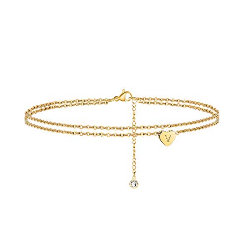 Ankle Bracelets for Women, 14K Gold Plated Dainty Layered Heart Initial Anklets for Women Gifts - style: V