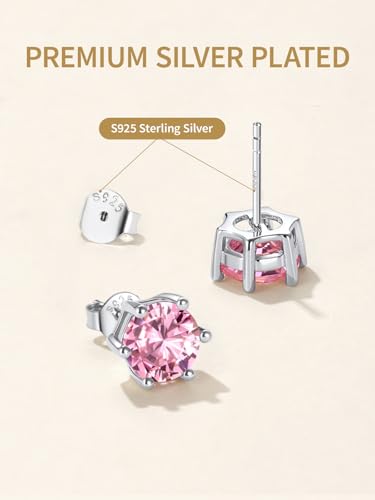 FindChic 2 Carat Birthstone Stud Earrings for Women, Round/Heart/Princess Cut Stud Earrings, Hypoallergenic Studs with 925 Sterling Silver Posts, 12 Months Birthday Jewelry Gift - color: 01. January-Garnet(Round Cut )