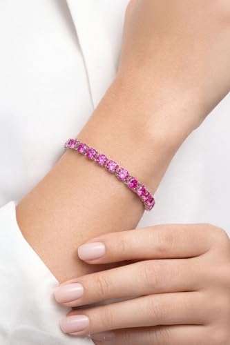 KEZEF Tennis Bracelet for Women, 7mm Round CZ, Silver Plated Brass, 6.5–8 Inch, Fold-Over Clasp - color: Pink CZ, size: 6.5 Inch