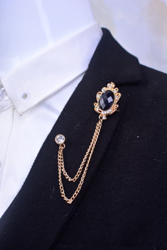Men's Gem Tassel Brooch Lapel Pin Elegant Badge Hanging Chains Collar Brooches Pin for Career Suit Tuxedo of Shirts Tie Hat Scarf for Boyfriend Father Birthday - style: Gold with Black Crystal