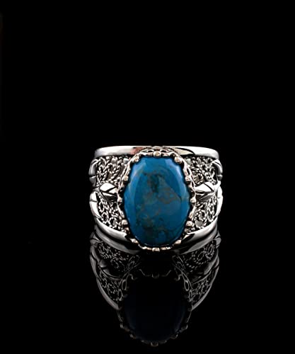 Filigranist 925 Sterling Silver Filigree Art Lace Embroidery Tulip Detailed Gemstone Women Cocktail Ring, Luxurious Gift Boxed - color: Turquoise