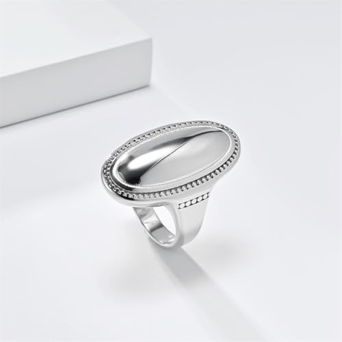 HIJONES Women's Stainless Steel Oval Checker Groove Rugby Ball Groove Dome Signet Ring Wedding Jewellery - color: Silver