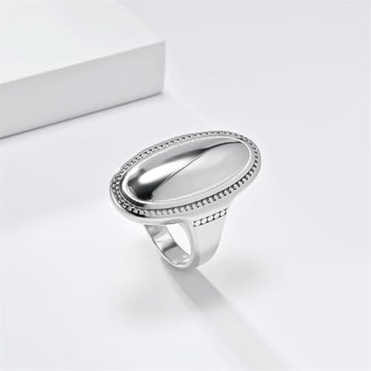 HIJONES Women's Stainless Steel Oval Checker Groove Rugby Ball Groove Dome Signet Ring Wedding Jewellery - color: Silver