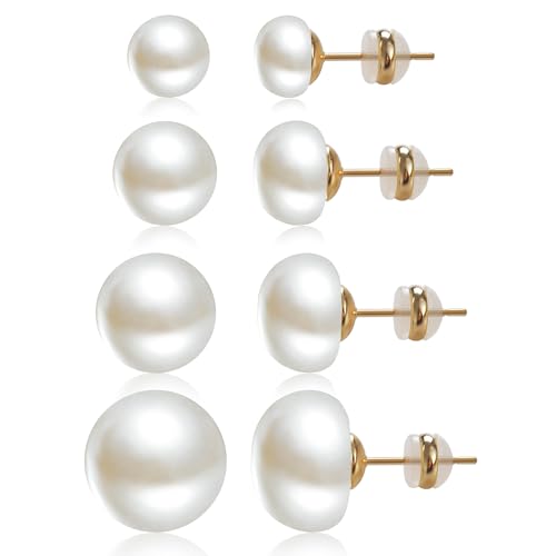 4 Pairs Pearl Stud Earrings Sterling Silver Earring Set | 14K Plated Gold Hypoallergenic Earring stud Large size Round pearl 8mm-14mm Set Earrings for women - style: Flat Round-4 Pairs