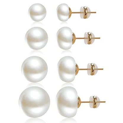 4 Pairs Pearl Stud Earrings Sterling Silver Earring Set | 14K Plated Gold Hypoallergenic Earring stud Large size Round pearl 8mm-14mm Set Earrings for women - style: Flat Round-4 Pairs