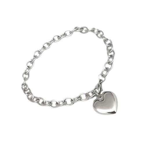 Adjustable Stainless Steel Bracelet with Chunky Chain, Puffy Heart Charm Silver Bracelet for Women, Engraveable Non-Tarnish Stainless Steel Charm Bracelet 7 and 8 inch lengths