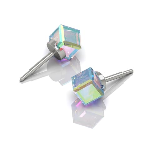 316L Stainless Steel Stud Earrings for Sensitive Ears – Hypoallergenic Princess Cut Square Cubic Zirconia Post Earrings for Women & Men – Nickel Free Daily Jewelry - color: Rock Crystal