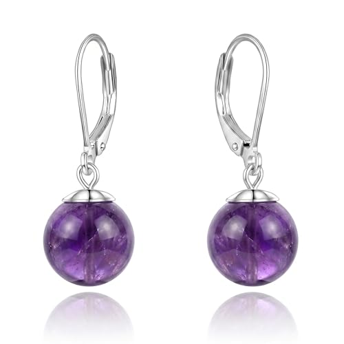 Pearl Leverback Earrings for Women Dangle Round Gemstone Earrings Birthstone Jewelry Gift Anniversary for Her - color: 23 Amethyst