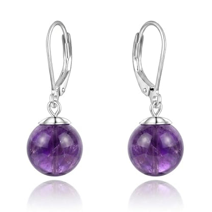 Pearl Leverback Earrings for Women Dangle Round Gemstone Earrings Birthstone Jewelry Gift Anniversary for Her - color: 23 Amethyst