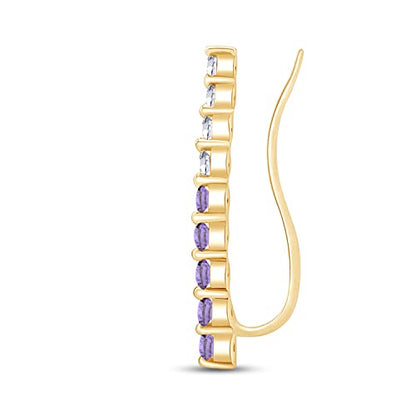 Floating Curved Bar One Piece Left Ear Crawler Earrings With Birthstone | White CZ In 14K Yellow Gold Over Sterling Silver - color: Simulated Alexandrite