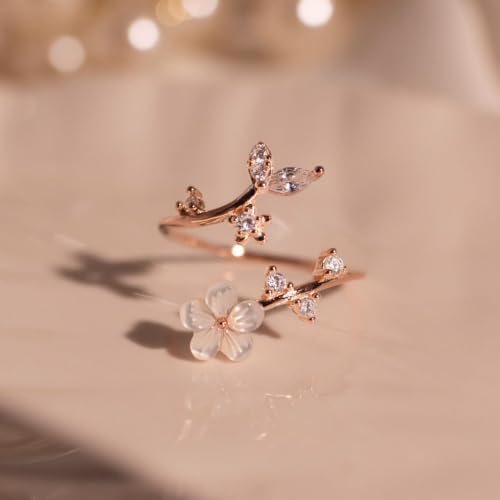 Adjustable Open Ring for Women, Nature-Inspired Floral Crystal Design with Marquise Cut Created Zircon, Gold - color: rose gold