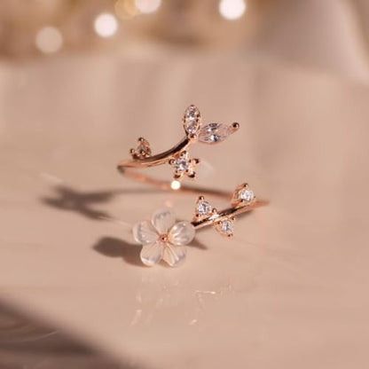 Adjustable Open Ring for Women, Nature-Inspired Floral Crystal Design with Marquise Cut Created Zircon, Gold - color: rose gold