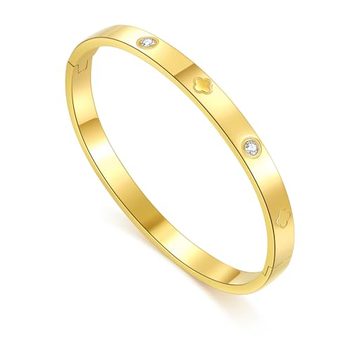 Friendship Love Bracelet for Women, 18K Gold Plated Titanium Steel Cuff - color: Gold, size: Clover 7''